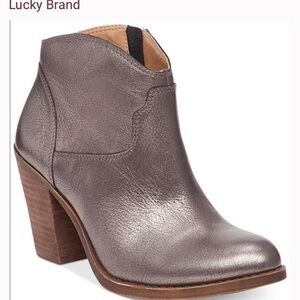 Lucky Brand Eller Bootie Pewter Ankle Boots Block Heel Leather Bronze Brown 8-38